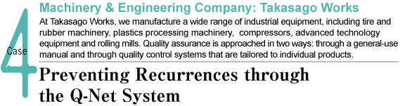 Machinery & Engineering Company: Takasago WorksAt Takasago Works, we manufacture a wide range of industrial equipment, including tire and rubber machinery, plastics processing machinery,  compressors, advanced technology equipment and rolling mills. Quality assurance is approached in two ways: through a general-use manual and through quality control systems that are tailored to individual products.
Preventing Recurrences through the Q-Net System