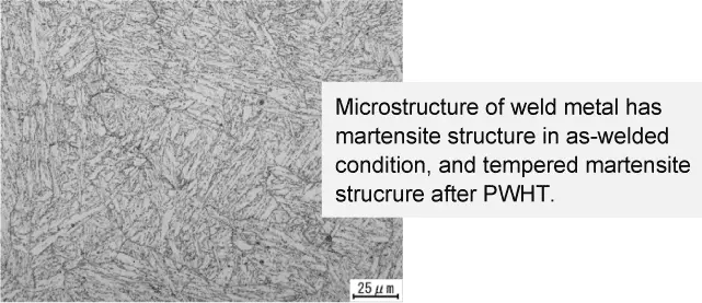 Microstructure of weld metal has martensite structure in as-welded condition, and tempered martensite strucrure after PWHT.