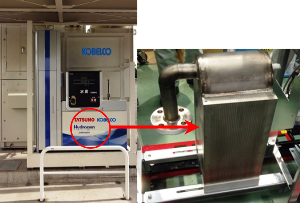A DCHE is installed inside a hydrogen dispenser.  This unit is at the comprehensive test center for hydrogen compressors in Kobe Steel’s Takasago Works in Japan.