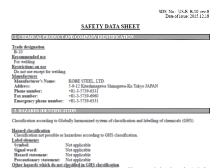 Safety Data Sheets (SDS) Welding Materials