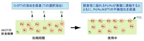 AKOTの耐食機構：初期段階と使用中の図