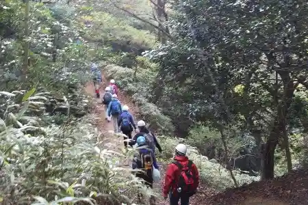 登山道を１列に並んでECOWAYの森へ